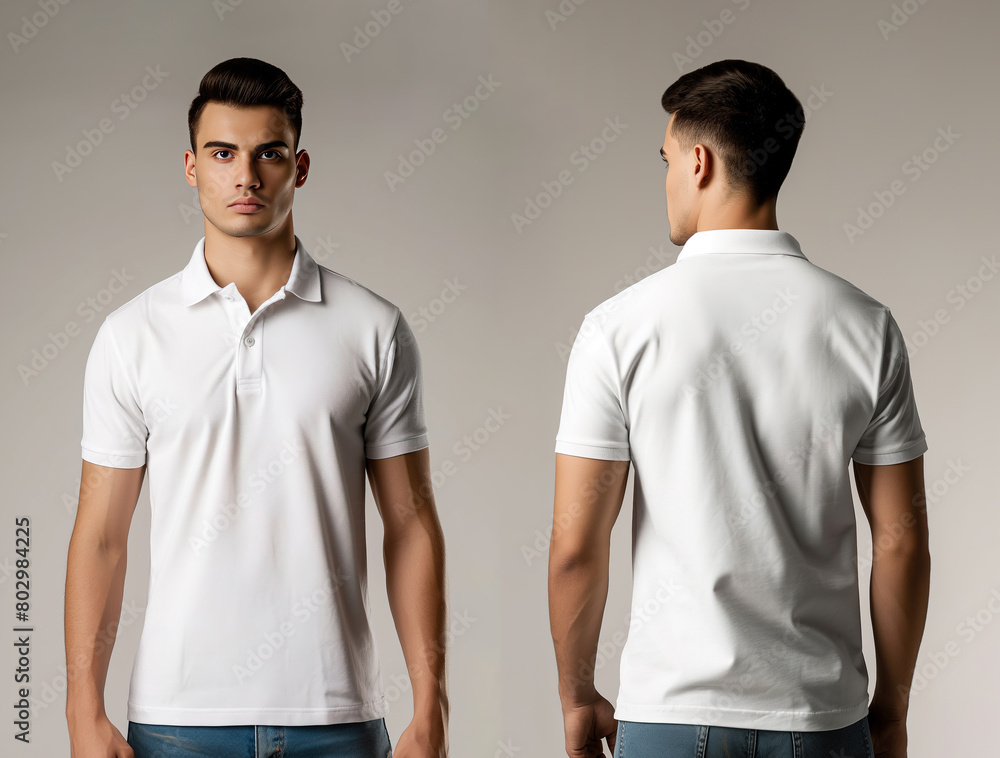 Front and back views of a man wearing a white polo shirt mockup template Front and back views of a man wearing a white polo shirt mockup template