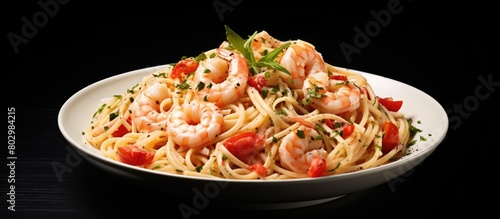 A dish of Shrimp Pasta is garnished with Grated Cheese and placed on a White BG allowing for a Copy Space image
