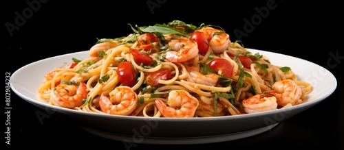 A dish of Shrimp Pasta is garnished with Grated Cheese and placed on a White BG allowing for a Copy Space image