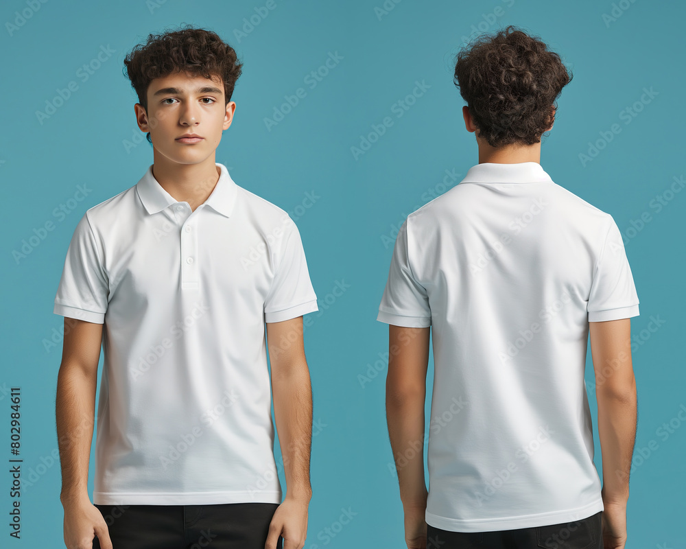 Front and back views of a man wearing a white polo shirt mockup template Front and back views of a man wearing a white polo shirt mockup template