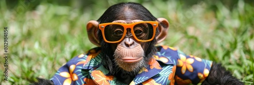 Stylish chimpanzee in vibrant attire orange sunglasses and colorful hawaiian shirt