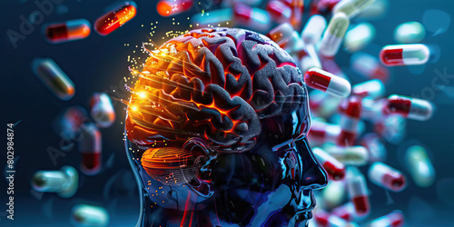 Prescription Drug-Induced Neurological Disorders: The Brain Damage and Cognitive Impairment - Imagine a person with a highlighted brain affected by prescription drugs, experiencing brain damage