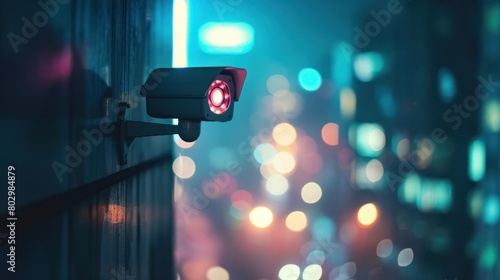 Closeup modern CCTV outdoor camera on wall, defocused colorful light cityscape at night. AI generate photo