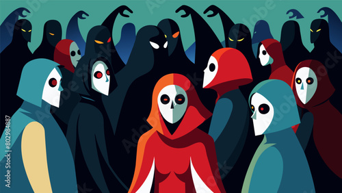 Dancers dressed as sinister faceless figures lurk a the crowd causing unease and suion..