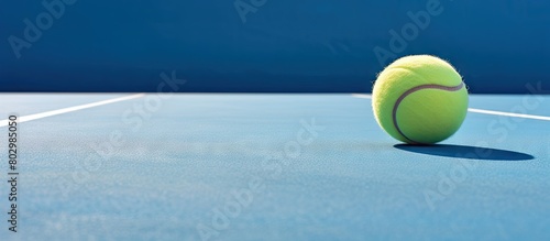 A copy space image of a tennis ball resting on a vibrant blue paddle tennis court © vxnaghiyev