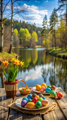 easter decoration in forest on table with colourfull egs near lake