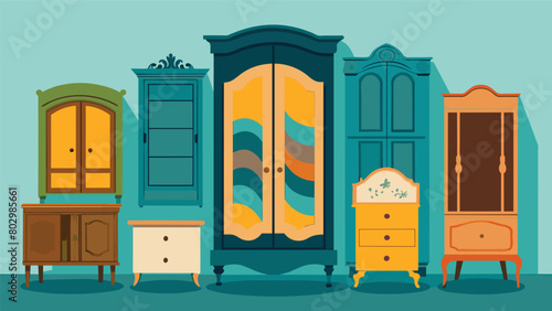 Antique wardrobes dressers and armoires line the walls providing inspiration for participants to imagine their own restoration projects.. Vector illustration