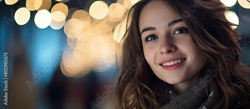 A close up photo of an attractive young girl with a radiant smile on her face against a festive Christmas themed background Wishing everyone a Happy New Year Ample room for text