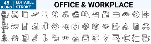 Office and Workplace web icons in line style. Employe, conference, project, document, business, work, support, contact us, productivity strategy, collection. Vector illustration. photo
