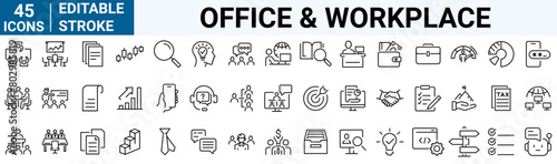 Office and Workplace web icons in line style. Employe, conference, project, document, business, work, support, contact us, productivity strategy, collection. Vector illustration.