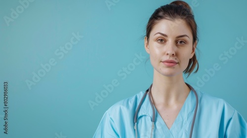 Female nurse in scrubs and stethoscope standing in front of a room at hospital