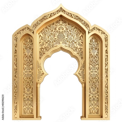 Luxury Islamic gate arch facade in golden color isolated on white background. AI generated image
