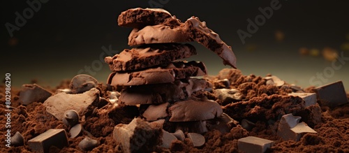 A copyspace image of chocolate cookies made from pieces of chocolate sitting on a hill against a gray background. with copy space image. Place for adding text or design photo