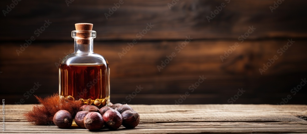 A bottle of alcohol tincture made from horse chestnuts is displayed on an old wooden table creating an appealing copy space image A bottle of alcohol tincture made from horse chestnuts is displayed on an old wooden table creating an appealing copy space image