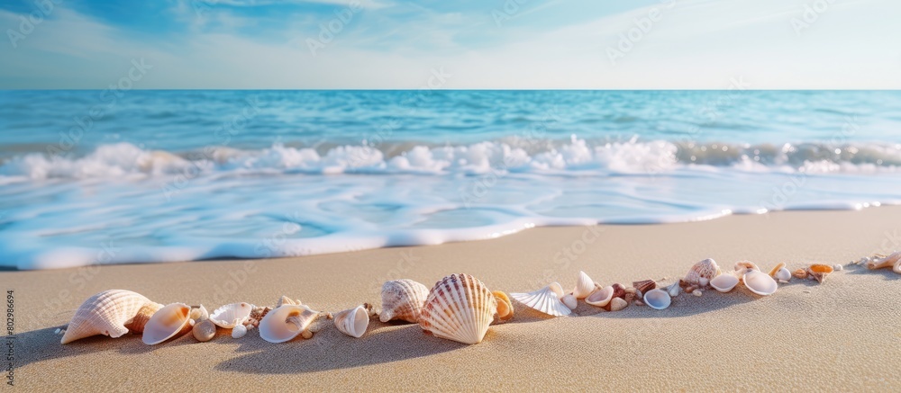 A copy space image of shells scattered on a sandy beach with a captivating blue ocean wave in the background A copy space image of shells scattered on a sandy beach with a captivating blue ocean wave in the background