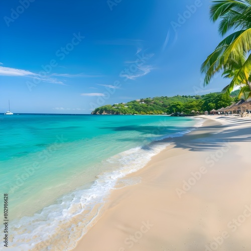 beach with coconut trees  Beautiful beach with palms and turquoise sea in jamaica island 