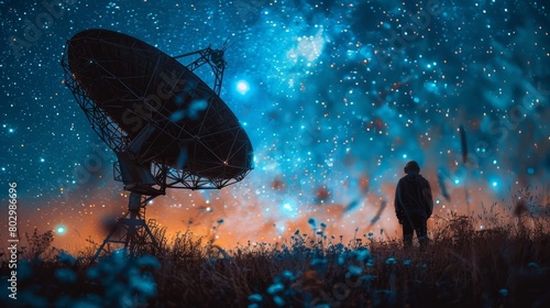 A man stands in a field of grass with a large satellite dish in the background. The sky is filled with stars and the atmosphere is serene and peaceful