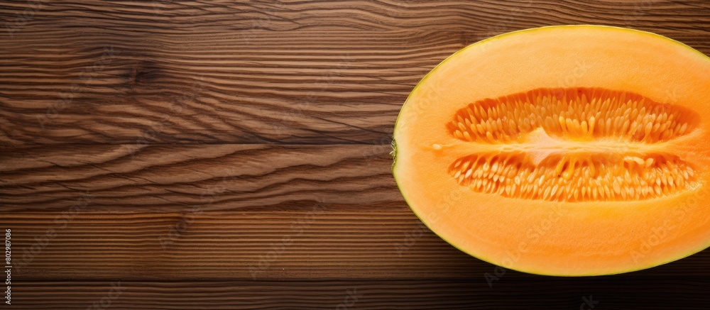 A cut cantaloupe melon photographed from above on a wooden cutting board with ample copy space in the image A cut cantaloupe melon photographed from above on a wooden cutting board with ample copy space in the image
