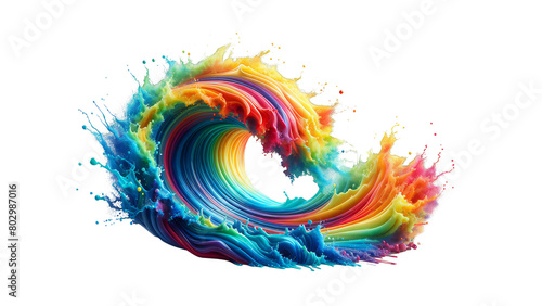 Rainbow coloured wave. Abstract colorful background with swirls. Illustrated on transparent background. PNG. Concept of motion, movement, colourful paint.