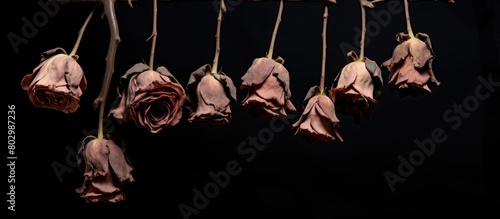 Fototapeta Naklejka Na Ścianę i Meble -  A copy space image showcasing dried roses against a dark black backdrop