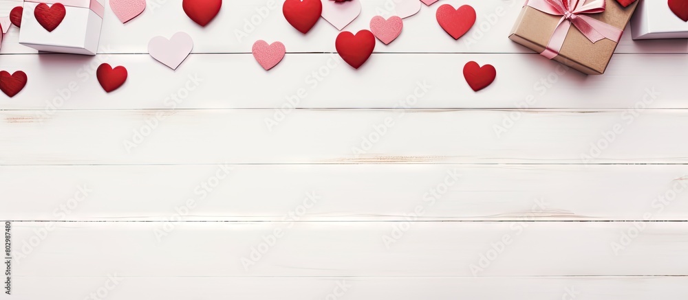 A festive display of gifts including a cup of coffee and paper hearts arranged on a white wooden background The image provides copy space and is presented in a flat lay style The concept captures bot A festive display of gifts including a cup of coffee and paper hearts arranged on a white wooden background The image provides copy space and is presented in a flat lay style The concept captures bot