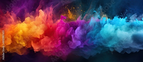 A colorful explosion of powdered colors creates an abstract background The motion is frozen capturing the vibrant colors and glitter texture in this copy space image photo
