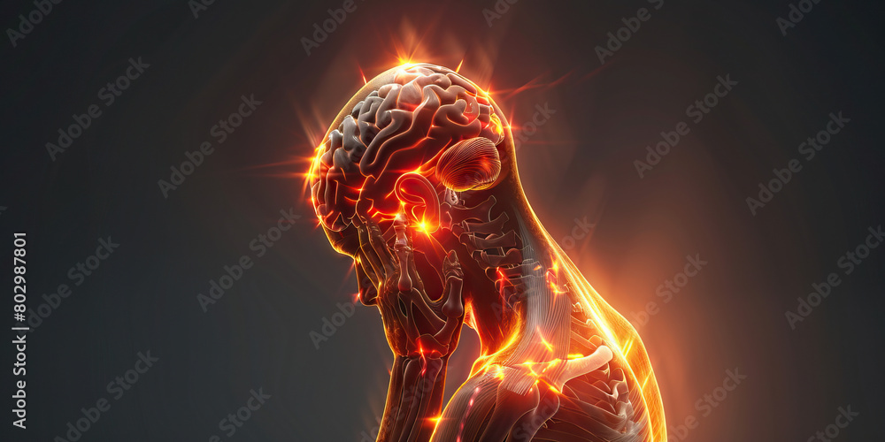 Central Pontine Myelinolysis: The Muscle Weakness and Paralysis - Picture a person with a highlighted area in the brainstem showing demyelination, experiencing muscle weakness and paralysis Central Pontine Myelinolysis: The Muscle Weakness and Paralysis - Picture a person with a highlighted area in the brainstem showing demyelination, experiencing muscle weakness and paralysis