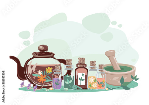 Composition of bottles with medicinal herbs, aromatic oils, herbal tinctures and vitamin tea. Herbal medicine. Alternative medicine. Vector illustration for advertising, flyers and social networks.