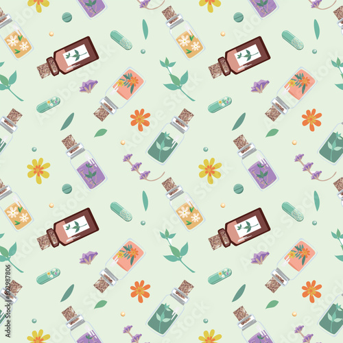 Seamless background of bottles and capsules with medicinal herbs, aromatic oils, herbal tinctures. Herbal medicine. Alternative medicine. Vector illustration for advertising, flyers and social network