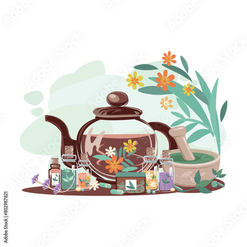 Composition of bottles with medicinal herbs, aromatic oils, herbal tinctures and vitamin tea. Herbal medicine. Alternative medicine. Vector illustration for advertising, flyers and social networks.