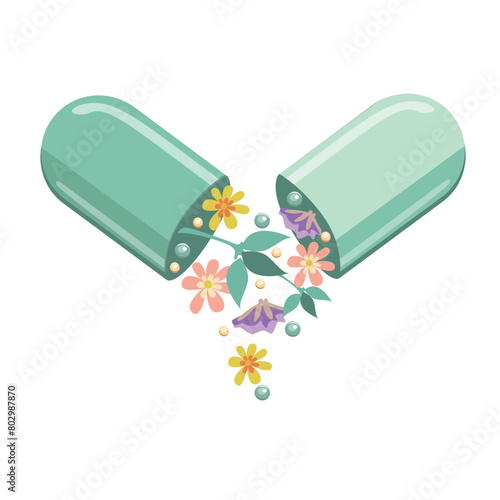 Green capsule with medicinal herbs in flat style. Herbal medicine image. Alternative medicine. Healthy lifestyle. Vector illustration for advertising, flyers and social networks.