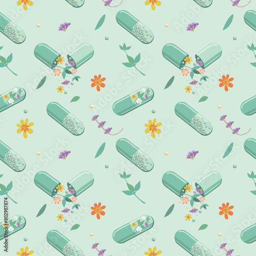 Seamless background of bottles and capsules with medicinal herbs, aromatic oils, herbal tinctures. Herbal medicine. Alternative medicine. Vector illustration for advertising, flyers and social network