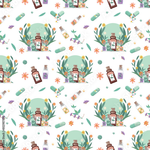 Seamless background of bottles and capsules with medicinal herbs, aromatic oils, herbal tinctures. Herbal medicine. Alternative medicine. Vector illustration for advertising, flyers and social network