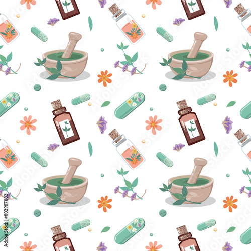 Seamless background of bottles and capsules with medicinal herbs, aromatic oils, herbal tinctures. Herbal medicine. Alternative medicine. Vector illustration for advertising, flyers and social network