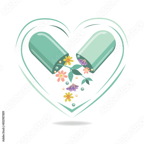 Green capsule with medicinal herbs in flat style. Herbal medicine image. Alternative medicine. Healthy lifestyle. Vector illustration for advertising, flyers and social networks.