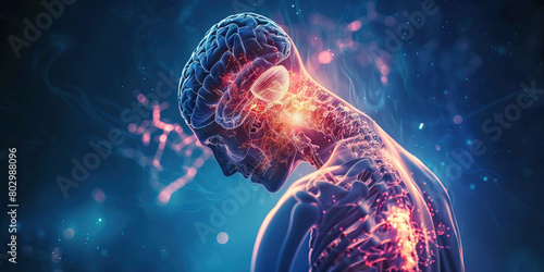 Central Pontine Myelinolysis: The Muscle Weakness and Paralysis - Picture a person with a highlighted area in the brainstem showing demyelination, experiencing muscle weakness and paralysis