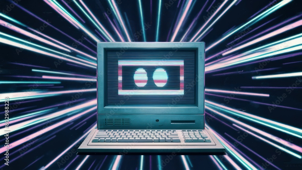 Vintage computer screen displaying 80s retro wave style background with