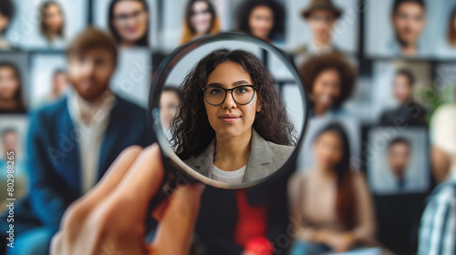 HR, Human Resources Targeting Concept. Focused Woman Highlighted by Magnifying Glass. Close-up view of a focused woman seen through a magnifying glass among a diverse group of people. HRM CRM,