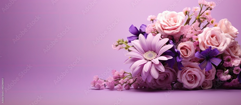 Fototapeta premium A beautiful Mother s Day greeting design featuring a flower bouquet on a purple background Perfect for a copy space image