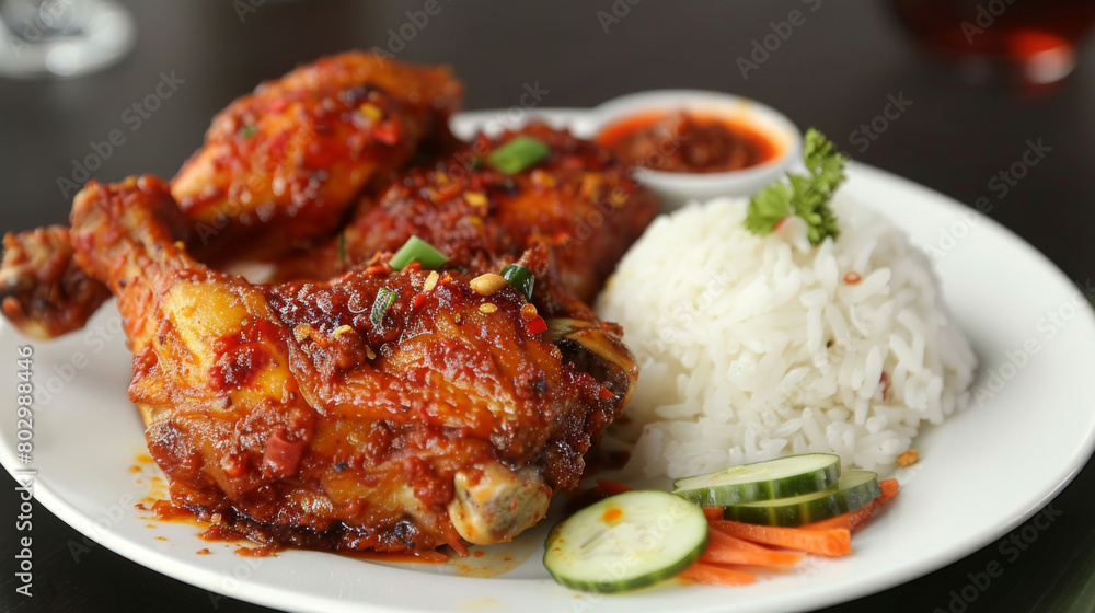 Classic malaysian dish: spicy herb-infused chicken with steamed rice and fresh vegetables, presented on a white plate