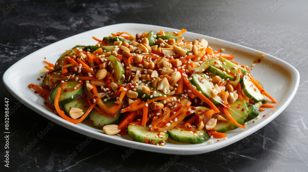 Vibrant malaysian cucumber salad garnished with peanuts, sesame seeds, and chili flakes on a white oval plate, dark background Vibrant malaysian cucumber salad garnished with peanuts, sesame seeds, and chili flakes on a white oval plate, dark background