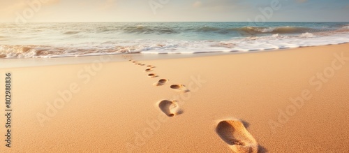 A copy space image of man s footprints on the sandy beach