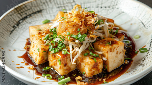 Savory malaysian tofu dish with fresh bean sprouts, spring onions, and fried shallots in a delicious sauce