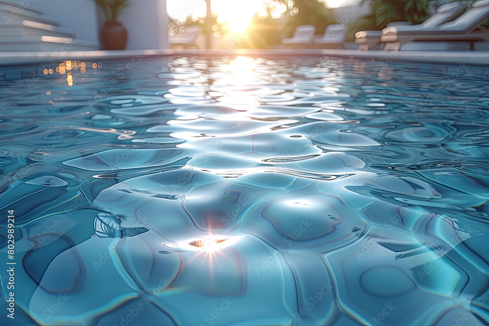 Pool with a sun shining on the water. The water is calm and the sun is reflecting off the surface