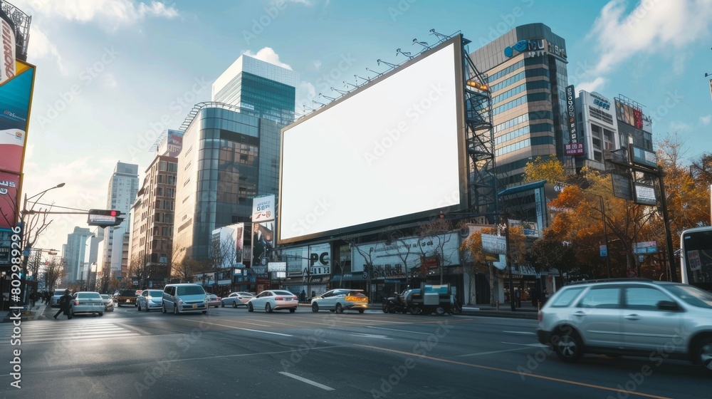 Obraz premium Giant Billboard on Side of Building in Busy Street: Realistic Photography with Color Grading