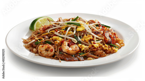 Delectable malaysian char kway teow featuring stir-fried noodles with shrimp, eggs, bean sprouts, and a lime wedge on a white background photo
