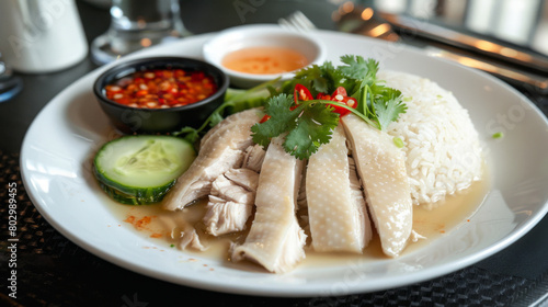 Authentic malaysian cuisine with steamed chicken, aromatic rice, and accompaniments served on a pristine white platter