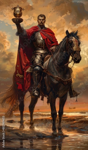 Knight on Horseback with Grail Cup, Desert River Background © Aydin