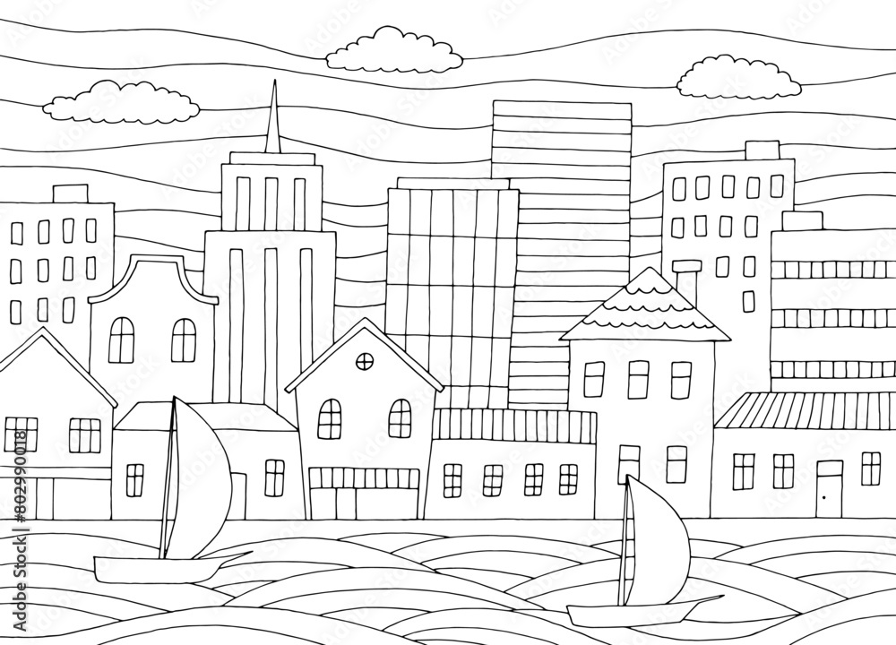 City river boat graphic black white cityscape skyline sketch illustration vector