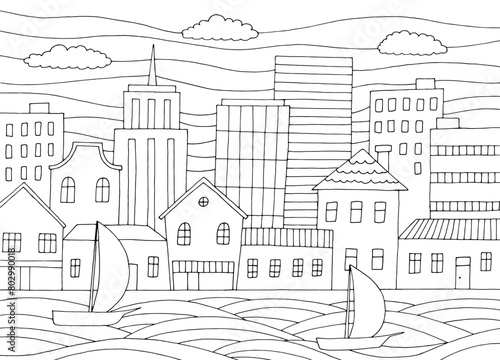 Wallpaper Mural City river boat graphic black white cityscape skyline sketch illustration vector Torontodigital.ca
